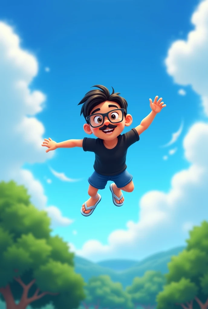 Create a disney man who is flying in the blue sky with clouds and below green trees. This boy has a mustache and short black hair. This boy is wearing a black t-shirt, short blue shorts and white flip-flops and wears glasses, rectangular transparent glasses. The image is in 4k resolution