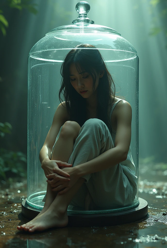 Woman locked up trapped hugging her knees in a boat smaller than her body transparent glass with lid trying to get out desperately