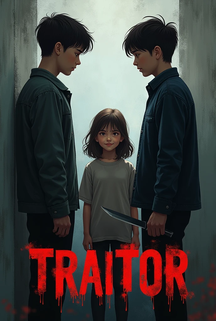 Make a cover where there are two boys with their backs to each other without seeing their faces and one of them has a knife., In the middle a pretty smiling girl with a title that says "TRAITOR"