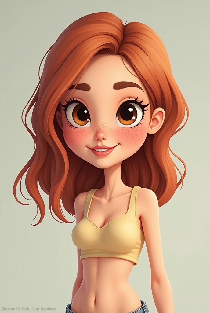 Cartoon of a 29-year-old Venezuelan girl, White skin color, brown eye color, shoulder length copper hair color, The hair is between straight and wavy, She has some freckles on her nose but very subtle, Her nose is small and her lips are slightly thin but with a slightly pronounced cupid's bow., is thin, but thin healthy, stomach 1,50 cm, small very small breasts
