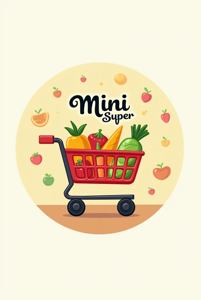 Round cartoon logo of a grocery store called mini super with a shopping cart full of grocery products, attractive 