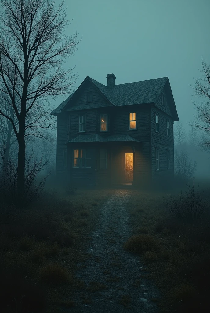 In the distance, an old, abandoned house with a slightly open door, emitting a faint, flickering light from inside.