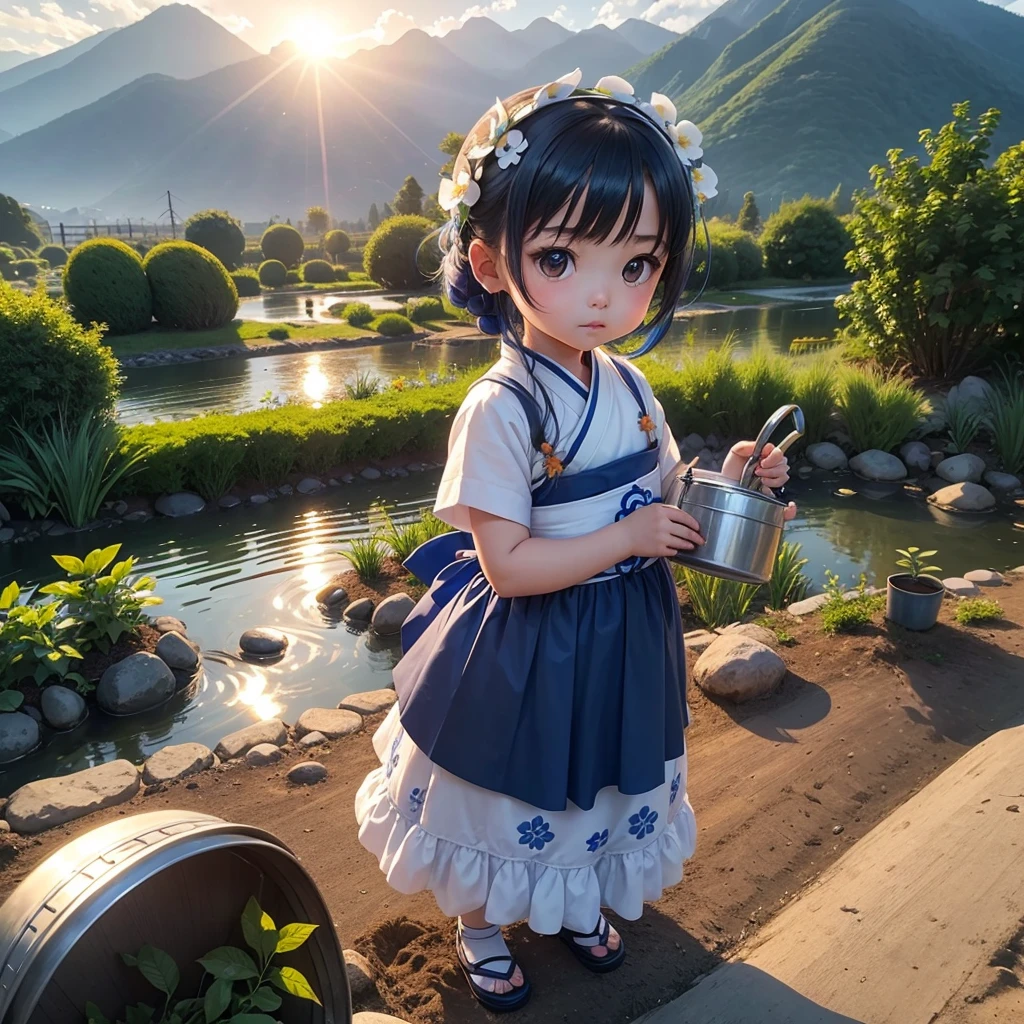 A cute baby chibi anime girl , blue and white hanfu, is planting vegetables in a garden, surrounded by various vegetables. Behind the scene are mountains, a river flows by. The sunlight hits her face. Sunset. A bucket of water is placed beside her.