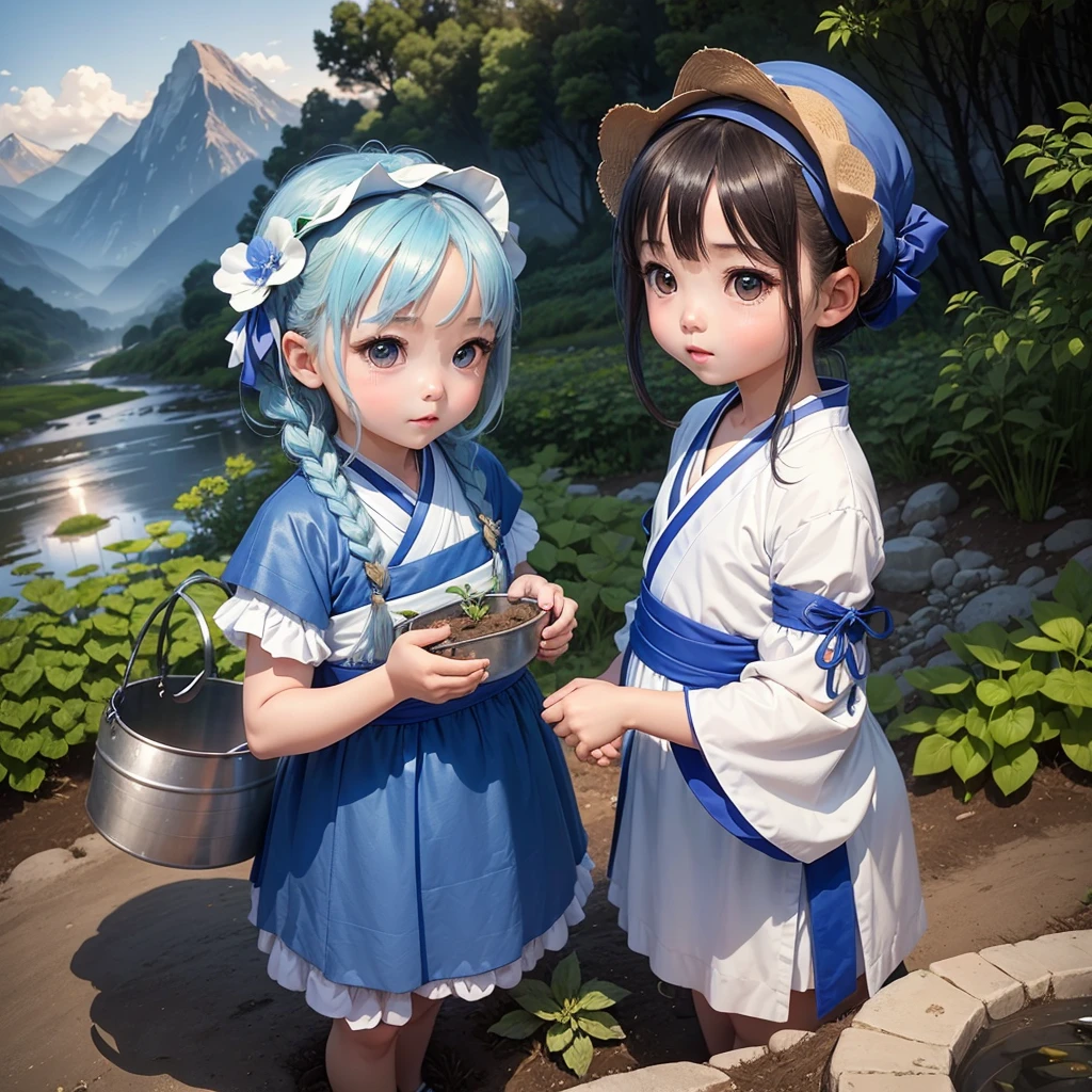 A cute baby chibi anime girl , blue and white hanfu, is planting vegetables in a garden, surrounded by various vegetables. Behind the scene are mountains, a river flows by. The sunlight hits her face. Sunset. A bucket of water is placed beside her.