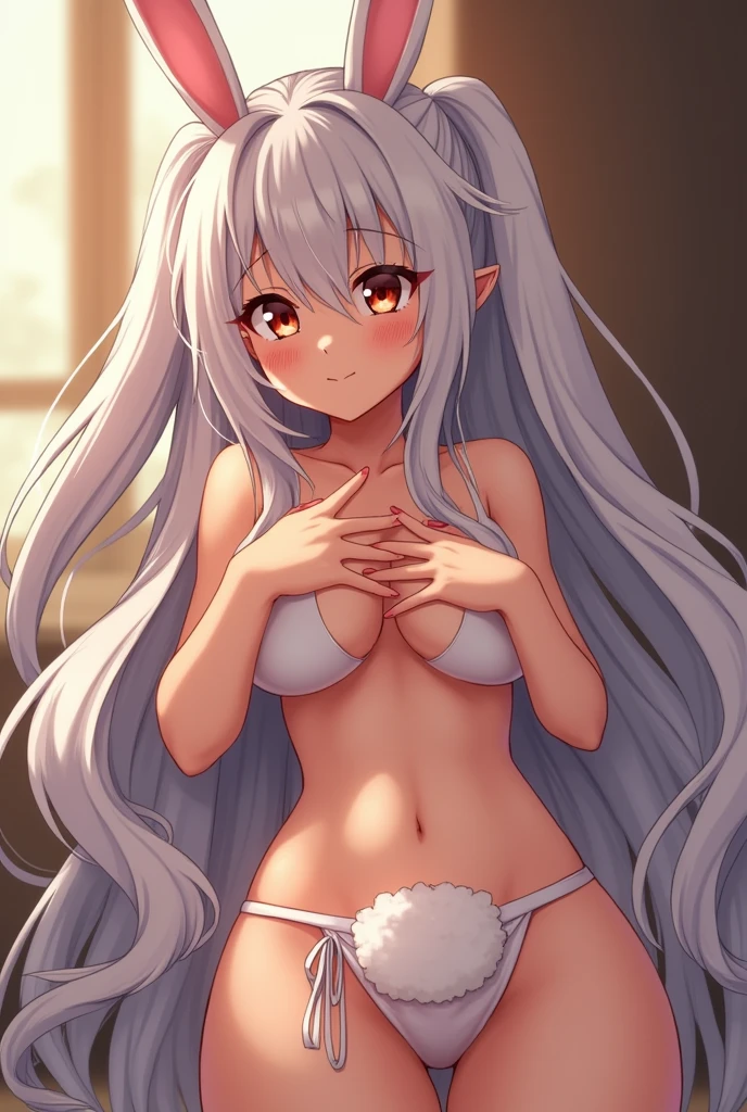 Sexy anime girl rabbit, with Brazilian thong, that has big breasts and a big butt, big eyes and full lips, that is on its back and topless... That she is accompanied by a thin, naked elf girl holding her hands