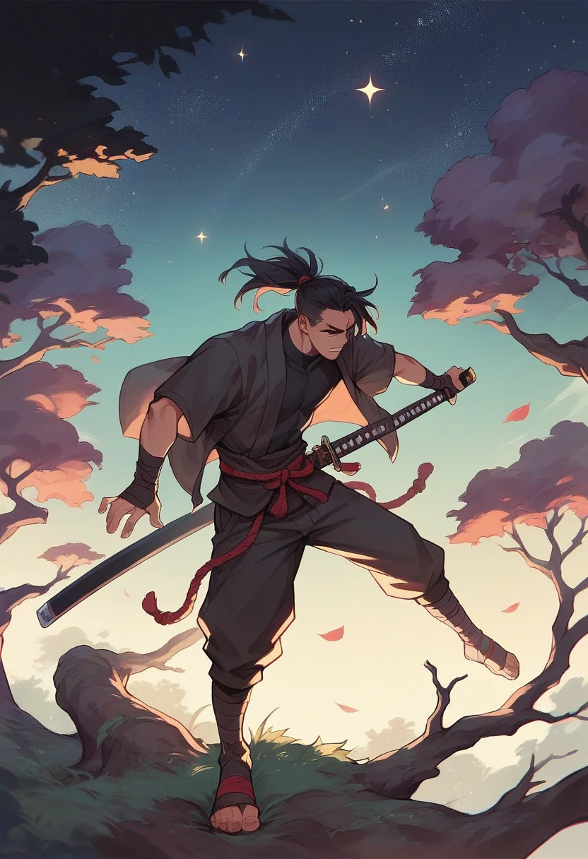 A ninja dressed in black with a katana on his back on top of a tree with a dark sky full of stars 