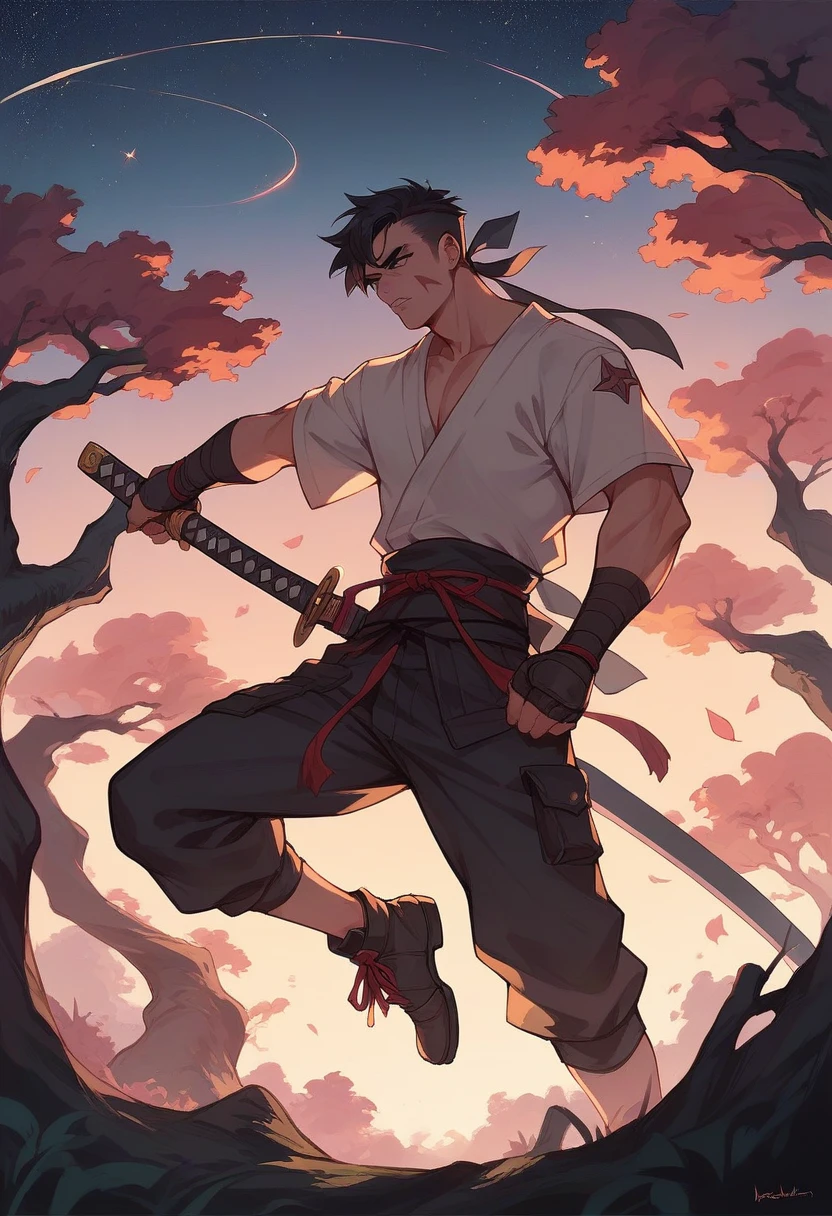 A ninja dressed in black with a katana on his back on top of a tree with a dark sky full of stars