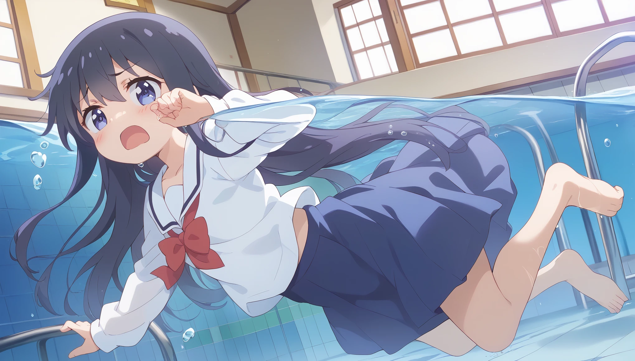 score_9, score_8_up, score_7_up, source_アニメ, masterpiece, 1girl, watahana, blue dress, white sailor collar, red bowtie, white long sleeves, full body, looking at viewer, indoors, open mouth, Water Play, Primary school students、Skirt fully open、Long wide skirt、cute、White underwear、blush、Watery eye、spring、Lots of water、Wet、((The skirt spreads over the water surface.))、(Drowning)、partially underwater shot, Swimming pool