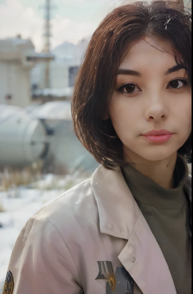 Science Fiction,Sci-Fi Movies,Artillery,Long-Range Missiles,Based on the Movie Foundation ,Woman,Adult,Protagonist,28 years old,hopeful face,brown eyes,short hairstyle,black hair with white gray,scientist uniform,white researcher coat,open meadow,rebel,chaotic,future world,world of socialism,snow,chaos