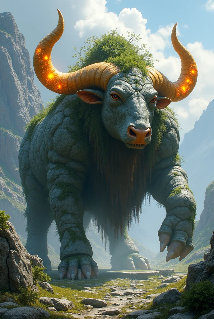 A colossal being of living rock, with the appearance of a large bull carved in stone. His skin is hard as granite, covered with moss and vines growing between the cracks. The horns of the Rocamontes are made of precious minerals and shine with a golden glow.. Despite its imposing appearance, It is a peaceful creature that roams the mountains., protecting the valleys and the creatures that live in them. Its presence guarantees the fertility of the land and the stability of the environment., acting as a silent guardian of nature