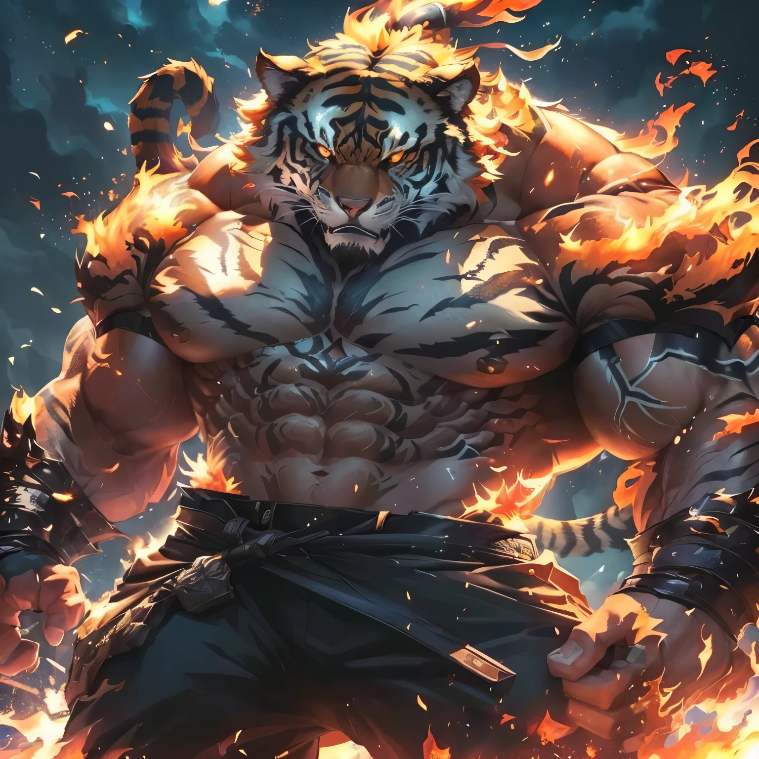 a close up of a tigre with flames in the background, tigre_will do, muscular werewolf, 4k manga wallpaper, 坏蛋动漫8 K, style of raymond swanland, detailed digital art in 4k, epic anime art, With'gok. 8K HD resolution, ross tran 8k, 4k fantasy artwork, highly detailed digital art in 4k