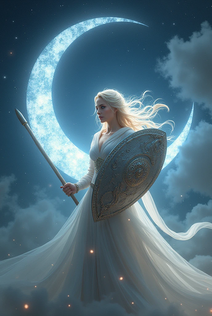 A female warrior, angelic, crescent moon shield