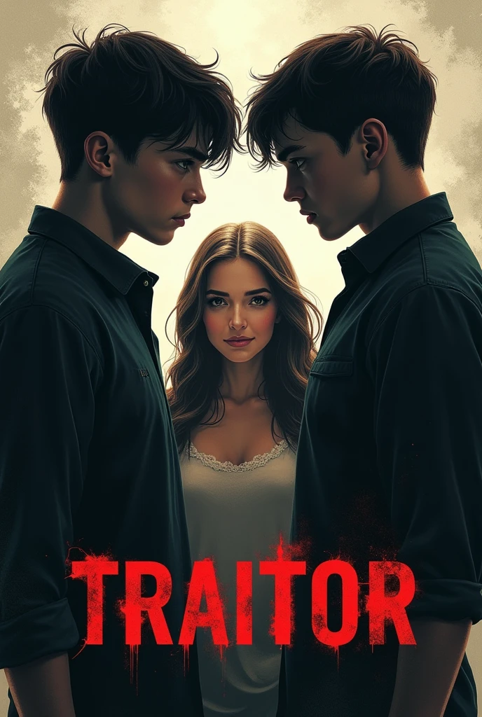 Make a cover where there are two boys with their backs to each other without seeing their faces and one of them has a knife., In the middle a pretty smiling girl with a title that says "TRAITOR"