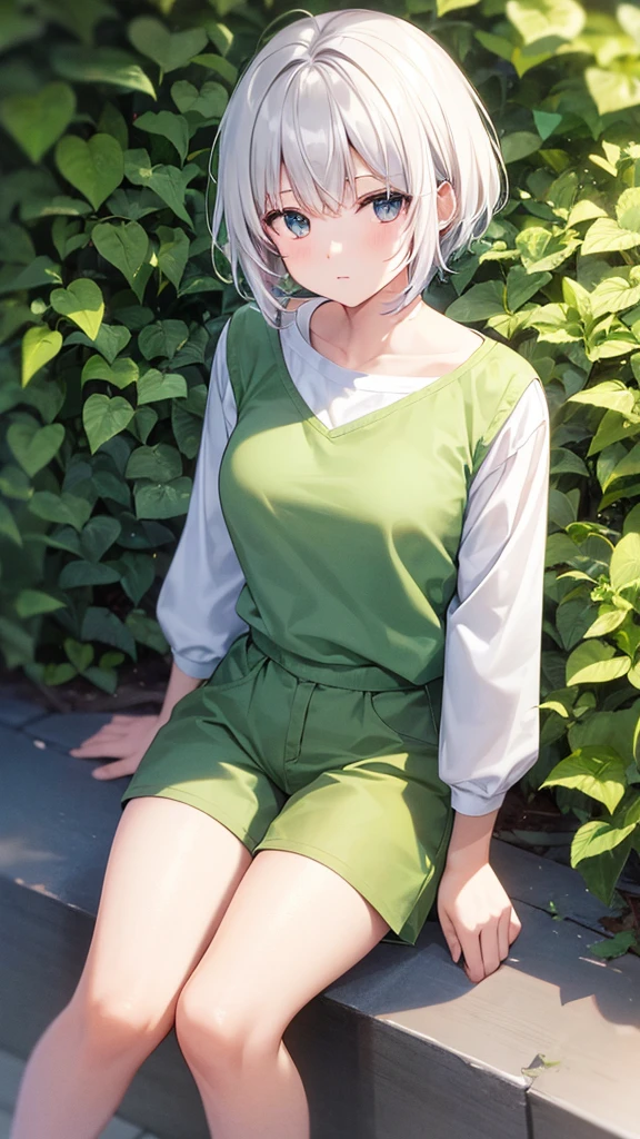 Female, white short hairstyle, short pants, green shirt