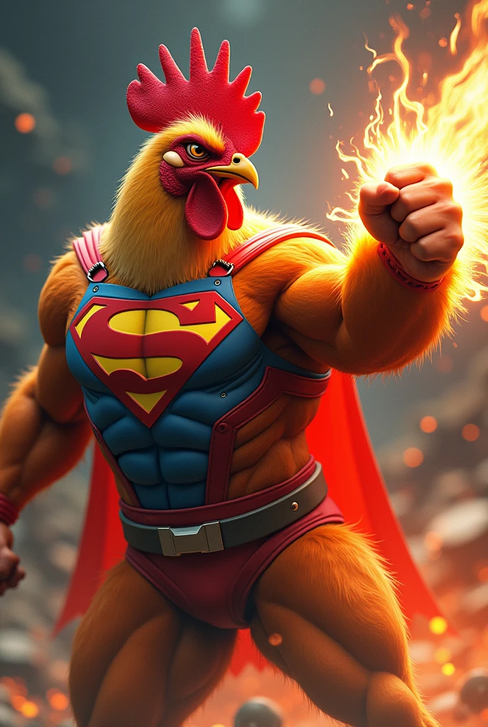 Superhero chicken attacking the screen with amazing punch