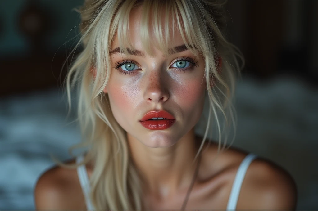 (a closeup:1.4)、(RAW shooting:1.2)、(Photorealsitic:1.4)、(​masterpiece:1.3)、(top-quality:1.4)、bright expression、extremely beautyful girl、Extraordinary beautiful girl、Detailed cute and beautiful face、Beautiful bangs、Glowing white shiny skin、facial hairs、Bangs that extend to the face、Bangs between the eyes、Super long blonde  hair、Attractive light and dark platinum blonde super long straight silky hainer hair、Attractive glowing beautiful bright clear light blue big eyes、Double eyelids、Lush bust, ((white camisole t-shirt) and pink cotton yoga shorts)(cozy night bedroom) , full complete well proportioned body, reluctant look, makeup, [background], proud woman, 
innocent and sexy, (white long waist sleeveless blouse and pink sweet yoga shorts), (white blouse), (pink sweet yoga shorts),
medium ponytail blonde hair , ((beautiful big light blue naive eyes)), ((big full red pucky lips)), ((fine little sensual nose)), freckles, narrow long neck, femenine narrow shoulders, full breasts, thin chin,tight slim body, defined and toned belly, slutty,  narrow waist, sexy hips,, alternative vibe,composition , dynamic open angle, dark lighting, high contrast,dramatic shadows,highly detailed, detailed skin, detailed lips.