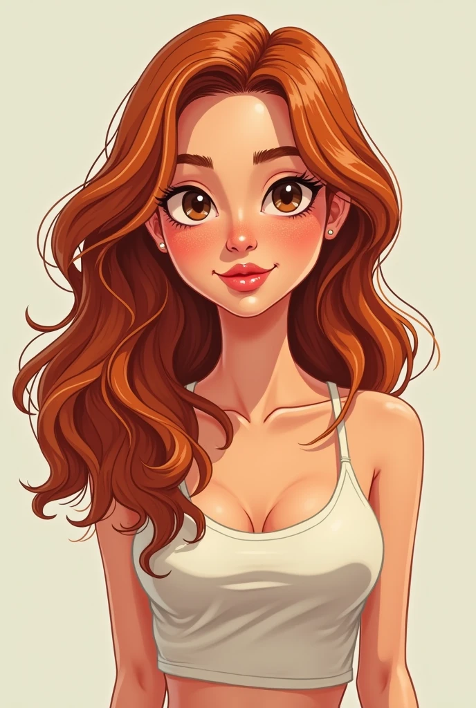 Cartoon of a 29-year-old Venezuelan girl, White skin color, brown eye color, shoulder length copper hair color, The hair is between straight and wavy, She has some freckles on her nose but very subtle, Her nose is small and her lips are slightly thin but with a slightly pronounced cupid's bow., is thin, but thin healthy, stomach 1,50 cm, small very small breasts