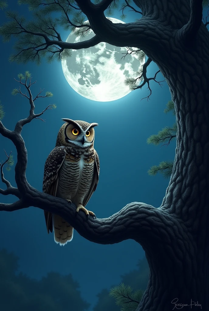 Moonlight Confession, Under the moonlight、An owl perched on a majestic tree branch