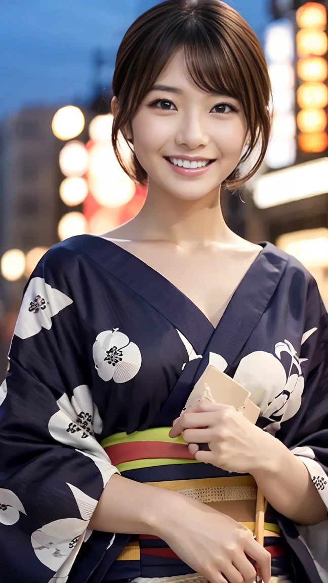 Looking into the camera,(((Highest quality, 8k, masterpiece))), Sharp focus, (Beautiful woman with perfect figure), thin, (Hairstyle: Excellent)), ((kimono(yukata): Cane)), street: 1.2 非常に詳細な顔と肌の質感 詳細な目 double eyelid ランダムな姿勢, (smile),sExcellenter cute Japan person,sExcellenter beauty Japanese girl, Realistic Face, double eyelid,smile,Summer festival , At sunset , Beautiful Teeth , Fireworks Background、Having a fan