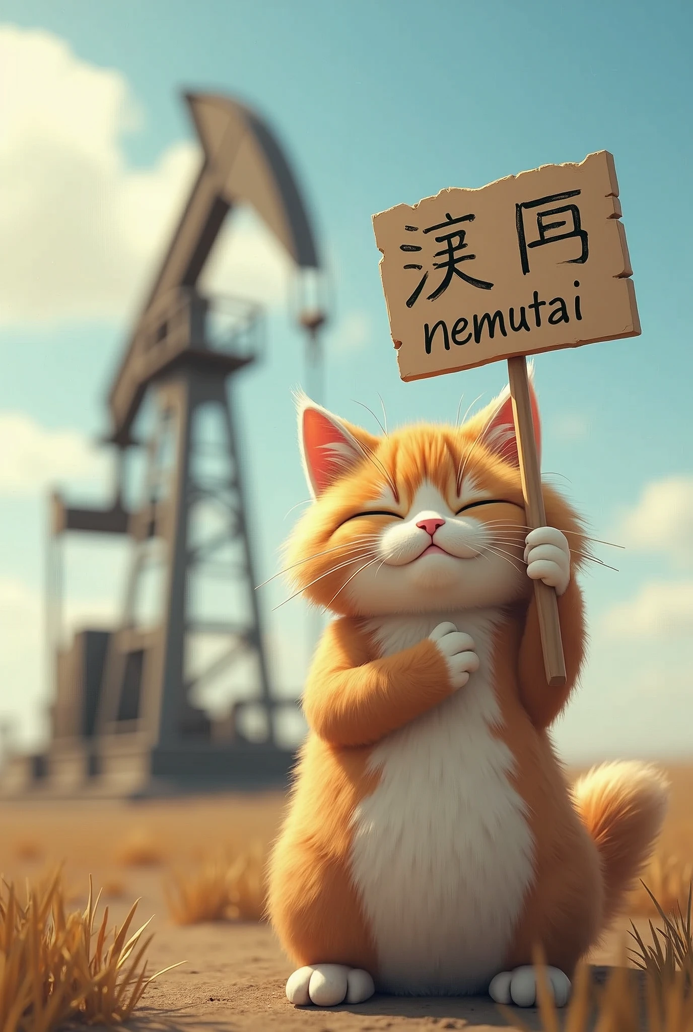 cat holds a sign that says "ねむたい" and pumpjin