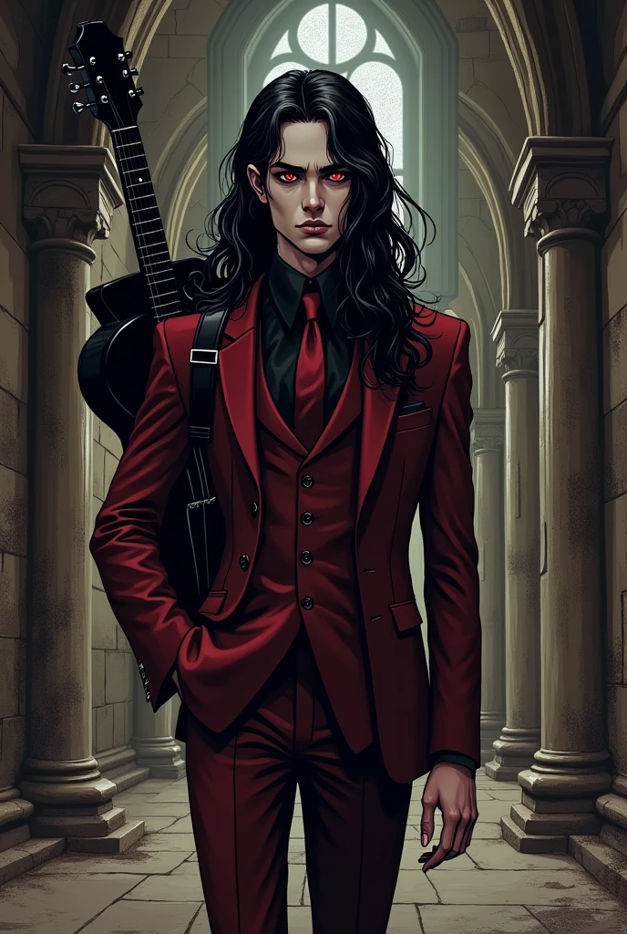 Make me the image in the comics style. It's a boy, he's a vampire boy and he has vampire fangs, totally black hair, big hair, long hair down to his back, wavy hair, red and dark eyes. He is a gothic vampire and has striking features like a jaw. The place is in an old gothic school. He wears a red suit. He carries a black guitar on his back. Long hair like a woman's.