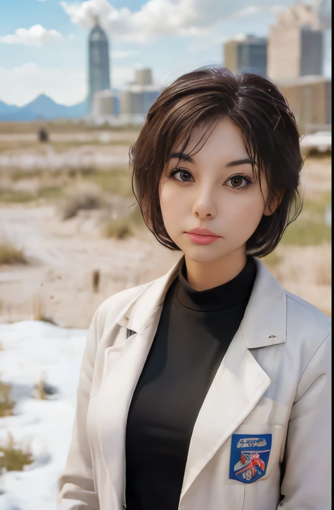 Science Fiction,Sci-Fi Movies,Artillery,Long-Range Missiles,Based on the Movie Foundation ,Woman,Adult,Protagonist,28 years old,hopeful face,brown eyes,short hairstyle,black hair with white gray,scientist uniform,white researcher coat,open meadow,rebel,chaotic,future world,world of socialism,snow,chaos