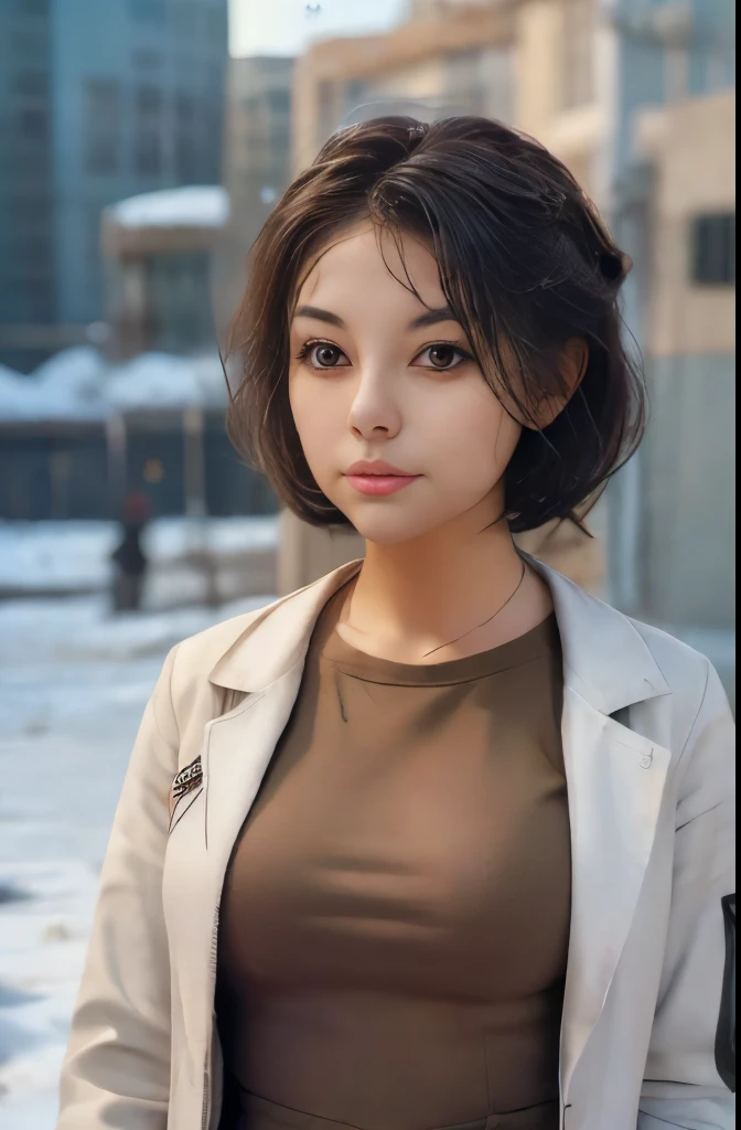 Science Fiction,Sci-Fi Movies,Artillery,Long-Range Missiles,Based on the Movie Foundation ,Woman,Adult,Protagonist,28 years old,hopeful face,brown eyes,short hairstyle,black hair with white gray,scientist uniform,white researcher coat,open meadow,rebel,chaotic,future world,world of socialism,snow,chaos