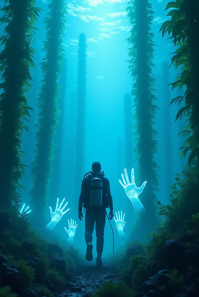 A diver explores a forest of giant algae. suddenly, Luminescent hands emerge from the algae and drag him down.