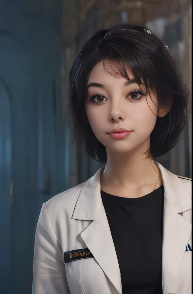 Science Fiction,Sci-Fi Movies,Artillery,Long-Range Missiles,Based on the Movie Foundation ,Woman,Adult,Protagonist,28 years old,hopeful face,brown eyes,short hairstyle,black hair with white gray,scientist uniform,white researcher coat,open meadow,rebel,chaotic,future world,world of socialism,snow,chaos