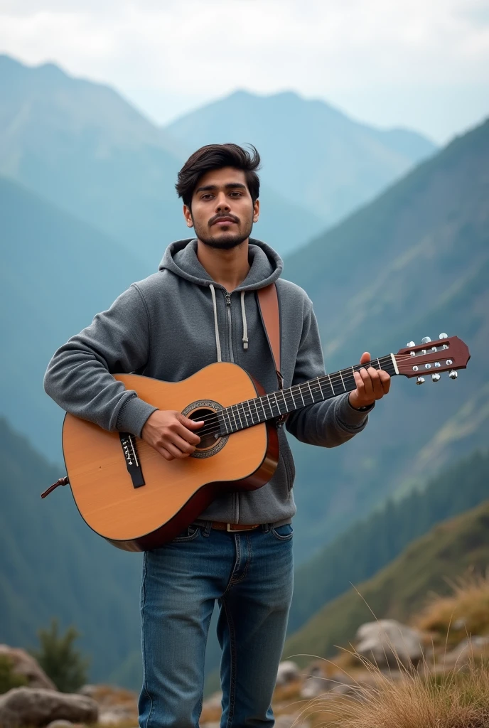 best quality, 20 year old Indian man, clean handsome face, neat hair, brown skin, wearing a hoodie, jeans and playing folk guitar. is at the top of the mountains.