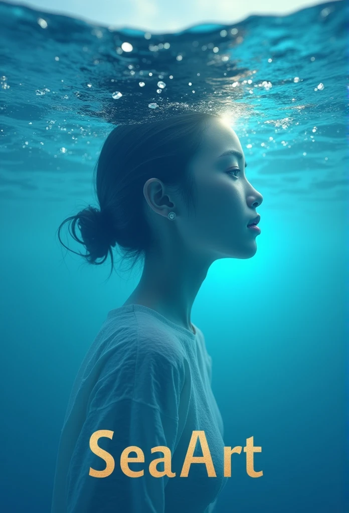 masterpiece, A silhouette of a young and beautiful face shining transparently on the surface of the vast blue sea, Typography, In the center "SeaArt" Large text, Golden gradient horizon, looking at the camera, ultra high definition, surreal,