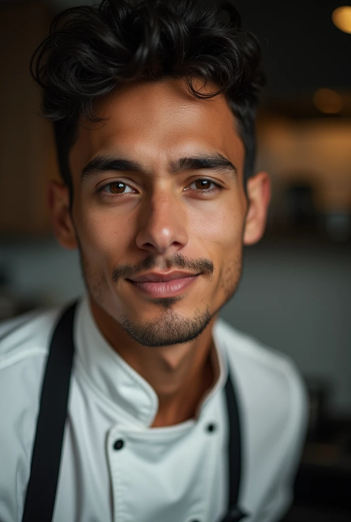 Professional close-up photography of a young, slim man, chef, with the eyebrow scratched, colors, kitchen sharp shadows, mohicano, Philippines,masculine, cheered up, half of the body, Colombian