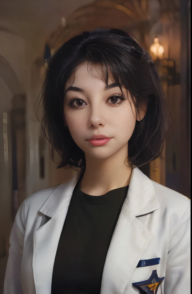 Science Fiction,Sci-Fi Movies,Artillery,Long-Range Missiles,Based on the Movie Foundation ,Woman,Adult,Protagonist,28 years old,hopeful face,brown eyes,short hairstyle,black hair with white gray,scientist uniform,white researcher coat,open meadow,rebel,chaotic,future world,world of socialism,snow,chaos