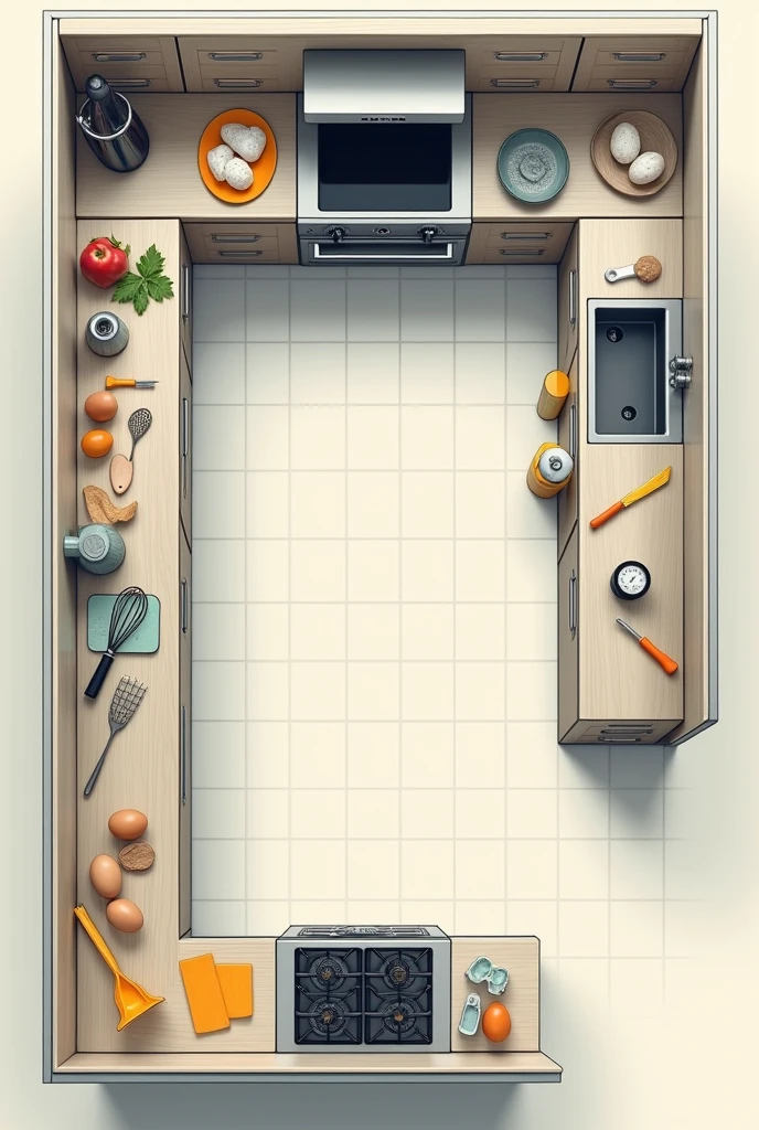 design a kitchen layout that optimizes the use of tools for efficient egg preparation