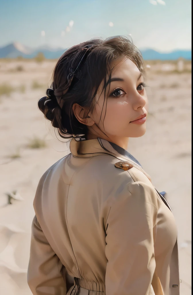 Science Fiction,Sci-Fi Movies,Artillery,Long-Range Missiles,Based on the Movie Foundation ,Woman,Adult,Protagonist,28 years old,hopeful face,brown eyes,short hairstyle,black hair with white gray,scientist uniform,white researcher coat,open meadow,rebel,chaotic,future world,world of socialism,snow,chaos