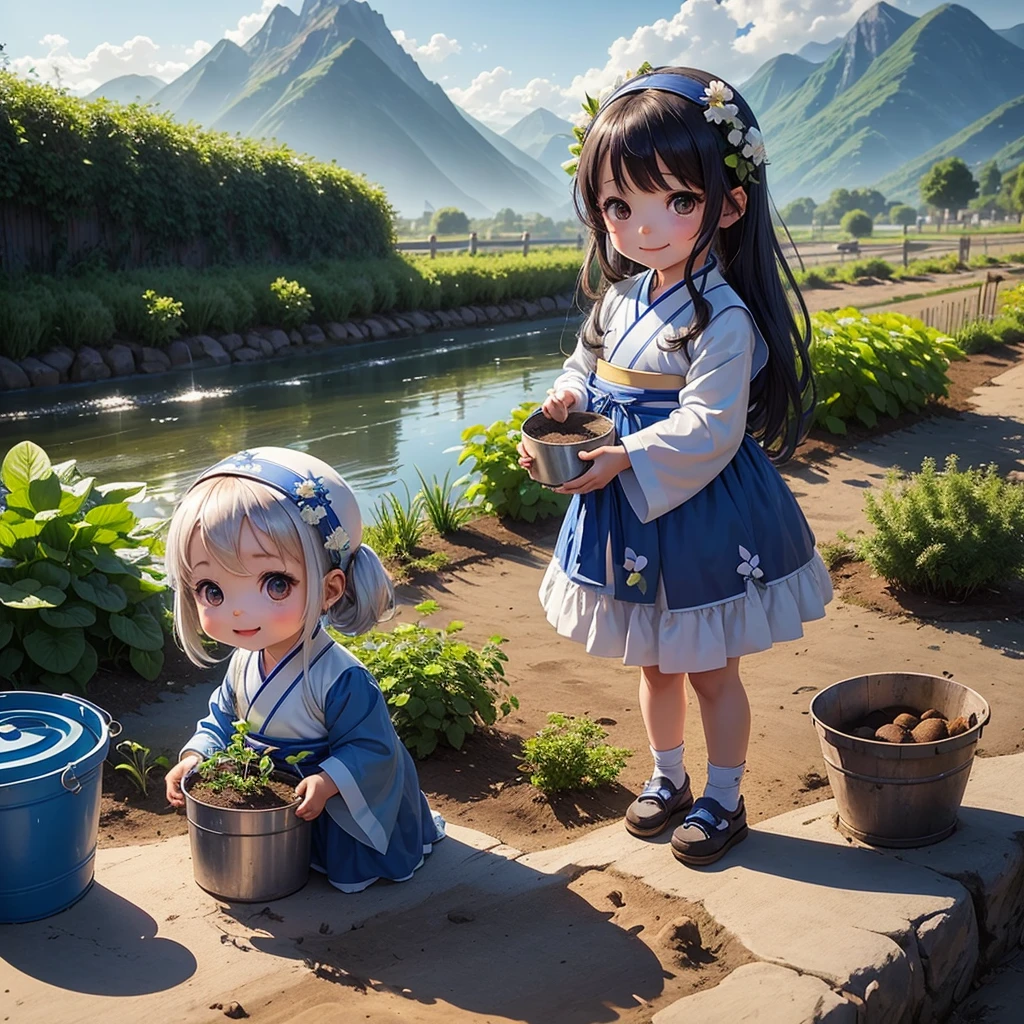 A cute baby chibi anime girl , blue and white hanfu, is planting vegetables in a garden, surrounded by various vegetables. Behind the scene are mountains, a river flows by. The sunlight hits her face. Sunset. A bucket of water is placed beside her.smiling.