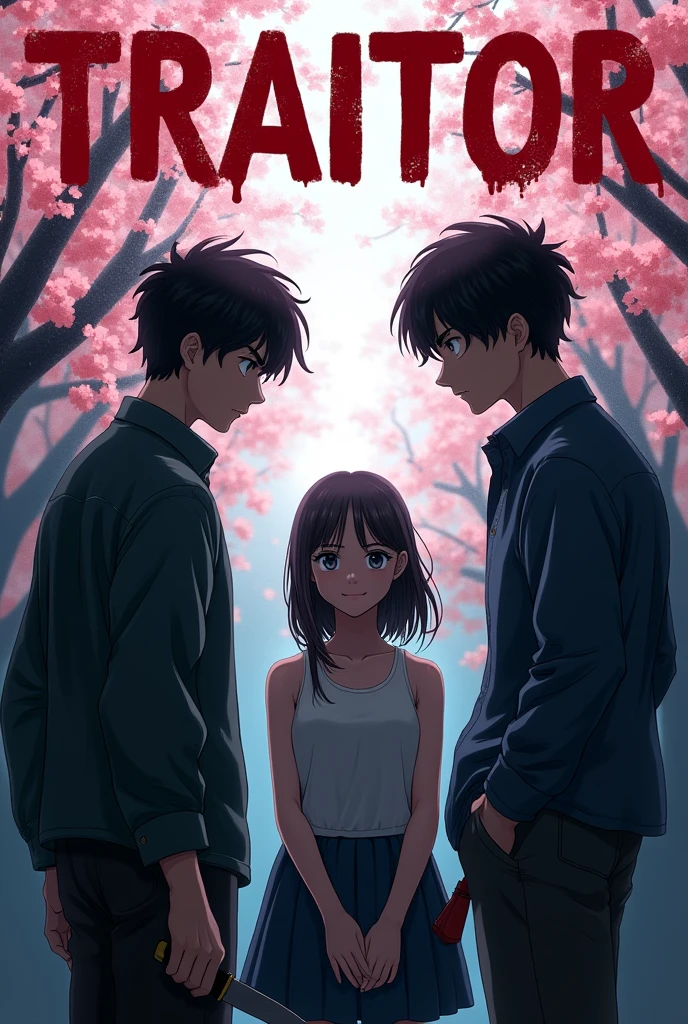 Make a cover where there are two boys with their backs to each other without seeing their faces and one of them has a knife., In the middle a pretty smiling girl with a title that says "TRAITOR"and in the background a cherry tree