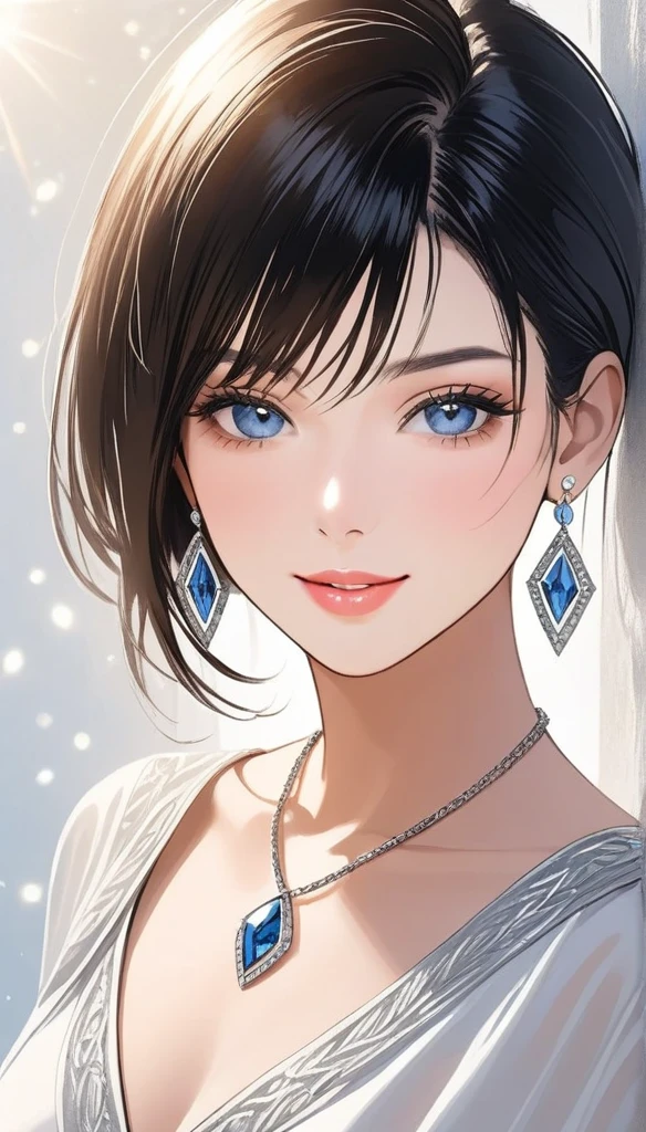 A beautiful woman with glowing skin, draped in crystals, wearing large, sparkling silver earrings, long silver chain necklace, and bangles. She has flawless features, including piercing blue eyes, full lips, and a sharp jawline. The woman is outdoors, with a simple white stucco background, and has a serene, smiling expression. The image is highly detailed, photorealistic, and masterfully composed, showcasing the woman's elegance and natural beauty. The lighting is soft and flattering, accentuating the intricate textures of her jewelry and makeup. Overall, the image exudes a sense of luxury, sophistication, and ethereal beauty.