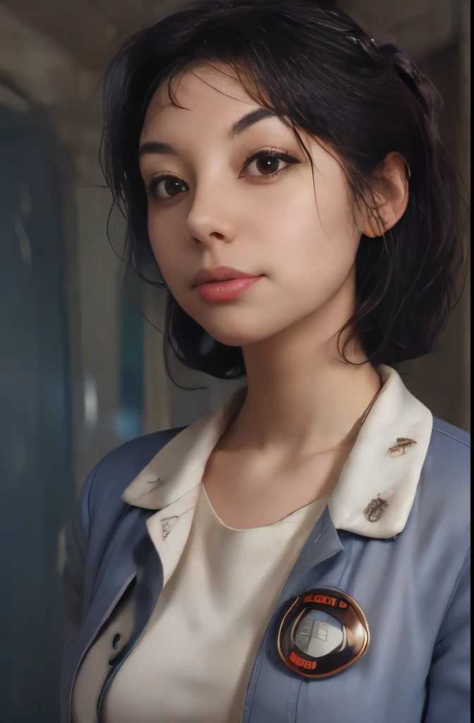 Science Fiction,Sci-Fi Movies,Artillery,Long-Range Missiles,Based on the Movie Foundation ,Woman,Adult,Protagonist,28 years old,hopeful face,brown eyes,short hairstyle,black hair with white gray,scientist uniform,white researcher coat,open meadow,rebel,chaotic,future world,world of socialism,snow,chaos