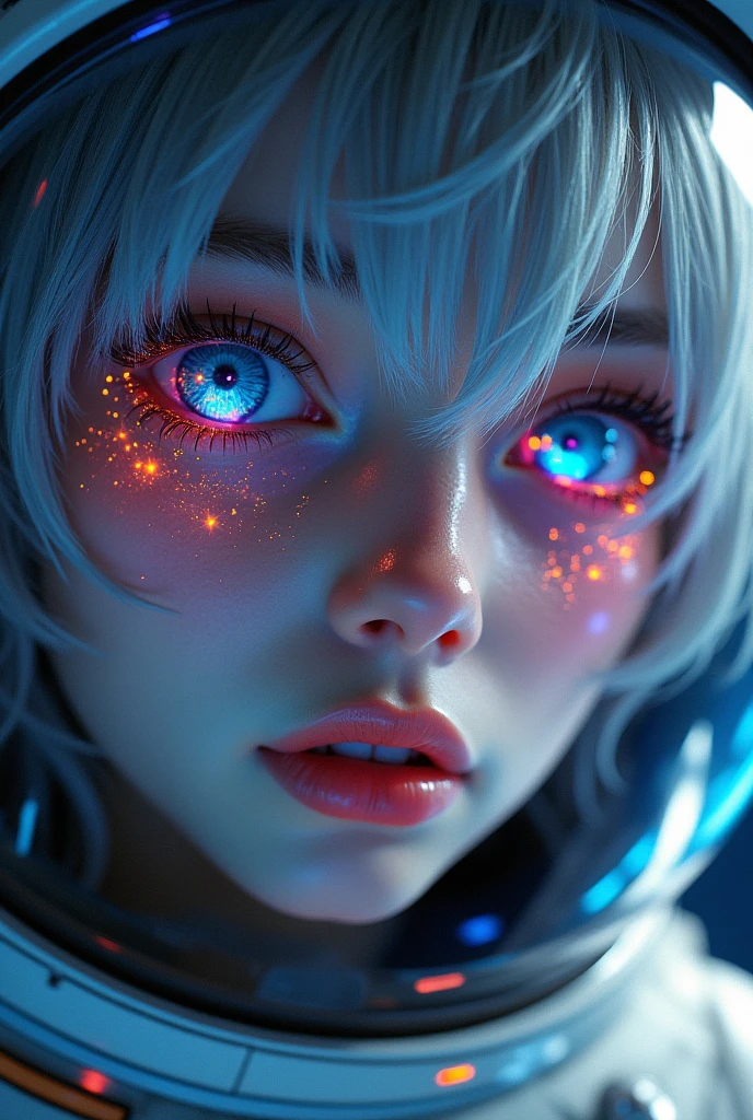 (Close-up of a better masterpiece:1.5)0.9], (Space and astronauts:1.2) (Messy silver hair:1.1) (Heterochromia xanthochromia and blue eyes:1.2) (Space Helmet:1.0) (Colored stars in the eyes:1.0) (A radiant glow:1.1) (thick lips:0.9)