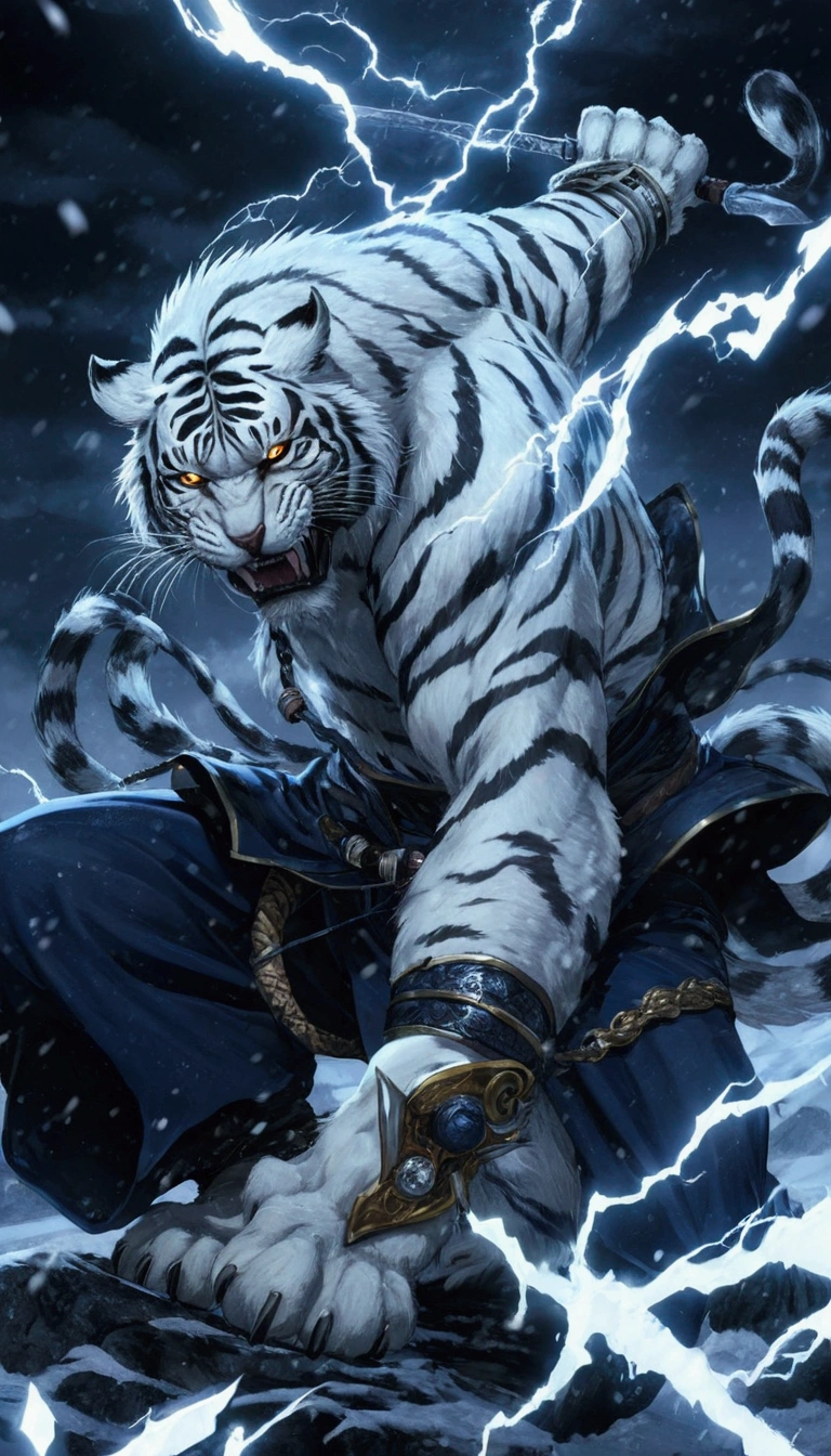 a close up of a person on a snow covered ground with lightning, a wizard battling a tigre, tigre_will do, Blade and soul, 4k manga wallpaper, momoshiki otsutsuki, marc silvestri, manhwa, Martin then, naranbaatar ganbold, Derivatives, sabretooth, white tigre, anthropomorphic tigre