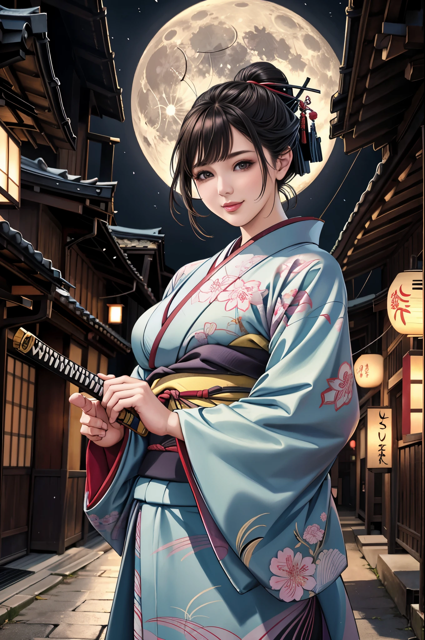 (Browsing Caution), (RAW Photos), (Realistic), (Photorealistic), Ultra-high resolution, masterpiece, Highest quality, Portraiture, facial Portraiture, Perfect lighting, Detailed lighting, Dramatic Shadows, Ray Tracing, Pure Eros Face_v1, Urzan-6500-v1.1, ((smile)), ((IncrsUnsheathingAKatanaMeme)), ((sheath)), ((holding sheath)), looking at viewer, ((wearing a kimono)), ((in old Japanese street)), ((night)), ((full moon)), ((background with Cherry blossom)), ((Japanese YAKUZA tattoo)),