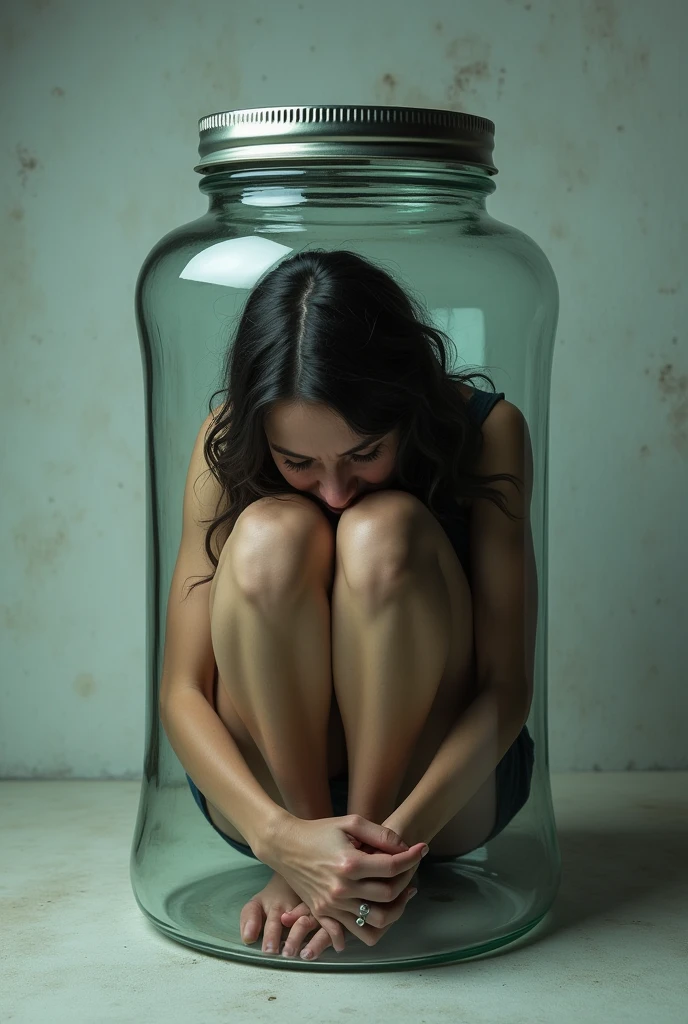 Confined in a small transparent glass jar with a lid、Woman sitting holding her knees 、((Completely naked:1.4))