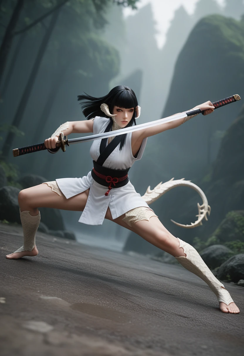 Masterpiece, Best Quality, 3D, 1girl, japanese, female, black hair, hime cut, brown eyes, white scales, au ra, raen, Final Fantasy XIV, fighting pose, katana, sword drawn