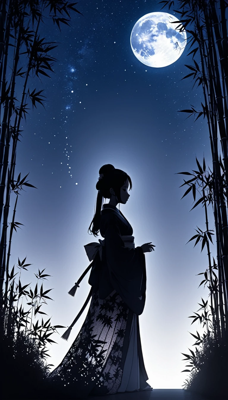 (((Silhouette Art))), The sadness of Orihime, who was separated from her by the Milky Way, is conveyed., She stretches out her right arm in farewell., close, profile, close, Open your arms when saying goodbye,The clothing is a kimono, ((Double exposure:1.3, Bamboo decoration)), Traditional Japanese folk costume with lace on the sleeves, moon, Arigatou, From below, Dynamic Angle, avert your eyes, Bamboo decoration