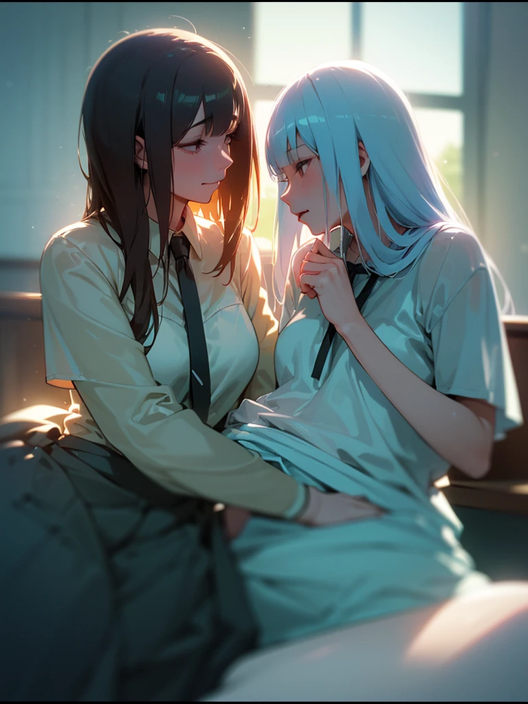 (Sumilux f1.4 50mm , low Latitude old color negative film , cross process , (bokeh), flare, chromatic aberration , soft focus, (Shallow focus) , soft glow , Maximum aperture, high Key , Transparent depiction , Tyndall) , Hidden camera installed in classroom captures obscene reality of girls' high school , lesbian couple , petting together