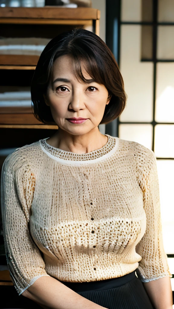High resolution, High resolution, Attention to detail, masterpiece,(loose body), Anatomically correct, sharp, ((Japanese Mature)),(80 years old:1.3),((Facial wrinkles)), Shapely breasts,Fair skin, Black Hair,(Long Hair), bangs,(((Stand upright, facing the center.))),Look at the photographer, Looking Ahead,(Knitted blouse:1.4),(Tight Skirt:1.3),(Sitting),(Thighs:1.4),Inside the warehouse,(Serious expression),(old woman:1.1),Mature cabin attendant