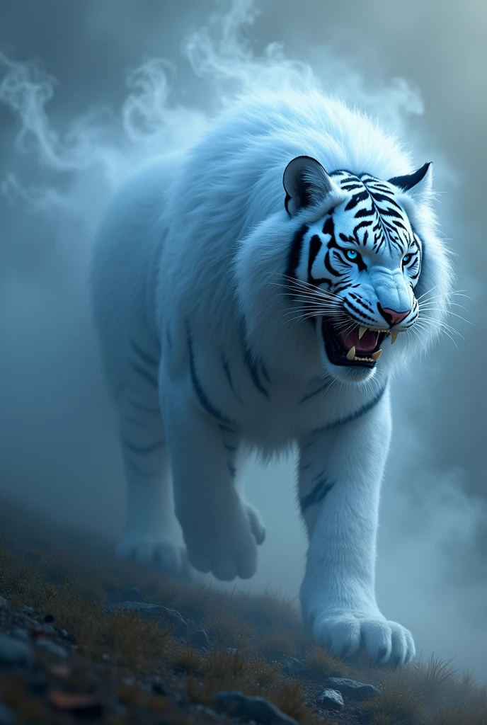 This imposing creature is a tiger with a coat made of thick fog. His body seems to constantly fade and reform., as if in a perpetual state between the physical and ethereal world. His eyes shine with a deep blue, and its roar resounds like thunder in the distance. The Tigrana of Mist is capable of crossing any physical barrier, appearing and disappearing at will. It is said to be a guardian of the secrets of time and that, when seeing her, One can receive visions of the future or the past.