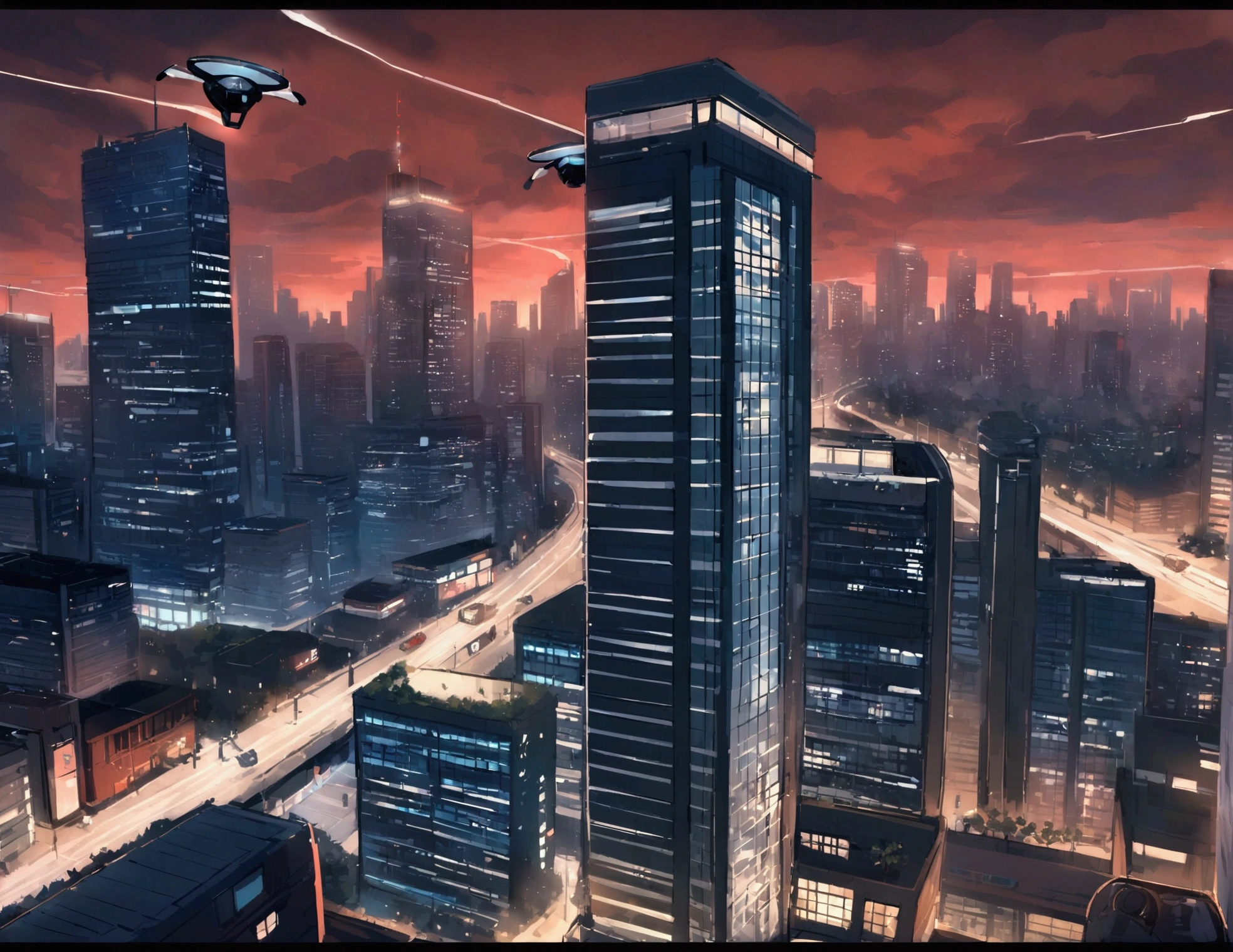 Vancouver Canada, Pokemon, Glass Buildings,, Pokemon Center, skyline of Vancouver, nighttime, dystopian, cyberpunk, supertall central skyscraper, security cameras, spy drones, dark red sky, smoggy skies, floating highways