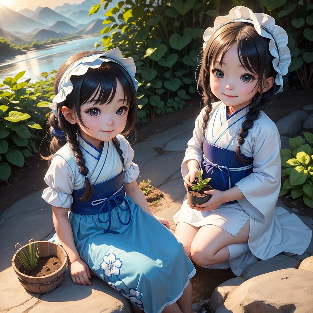 A cute baby chibi anime girl , blue and white hanfu, is planting vegetables in a garden, surrounded by various vegetables. Behind the scene are mountains, a river flows by. The sunlight hits her face. Sunset. A bucket of water is placed beside her.smiling.